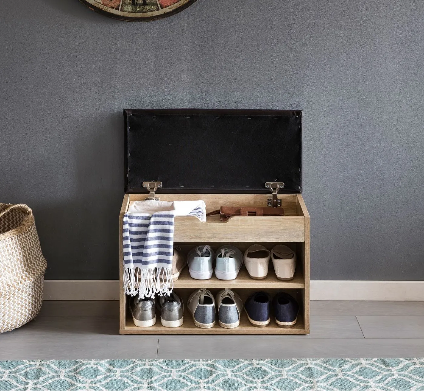 Schuhbank Sofia | mit Klappe | Sonoma / schwarz