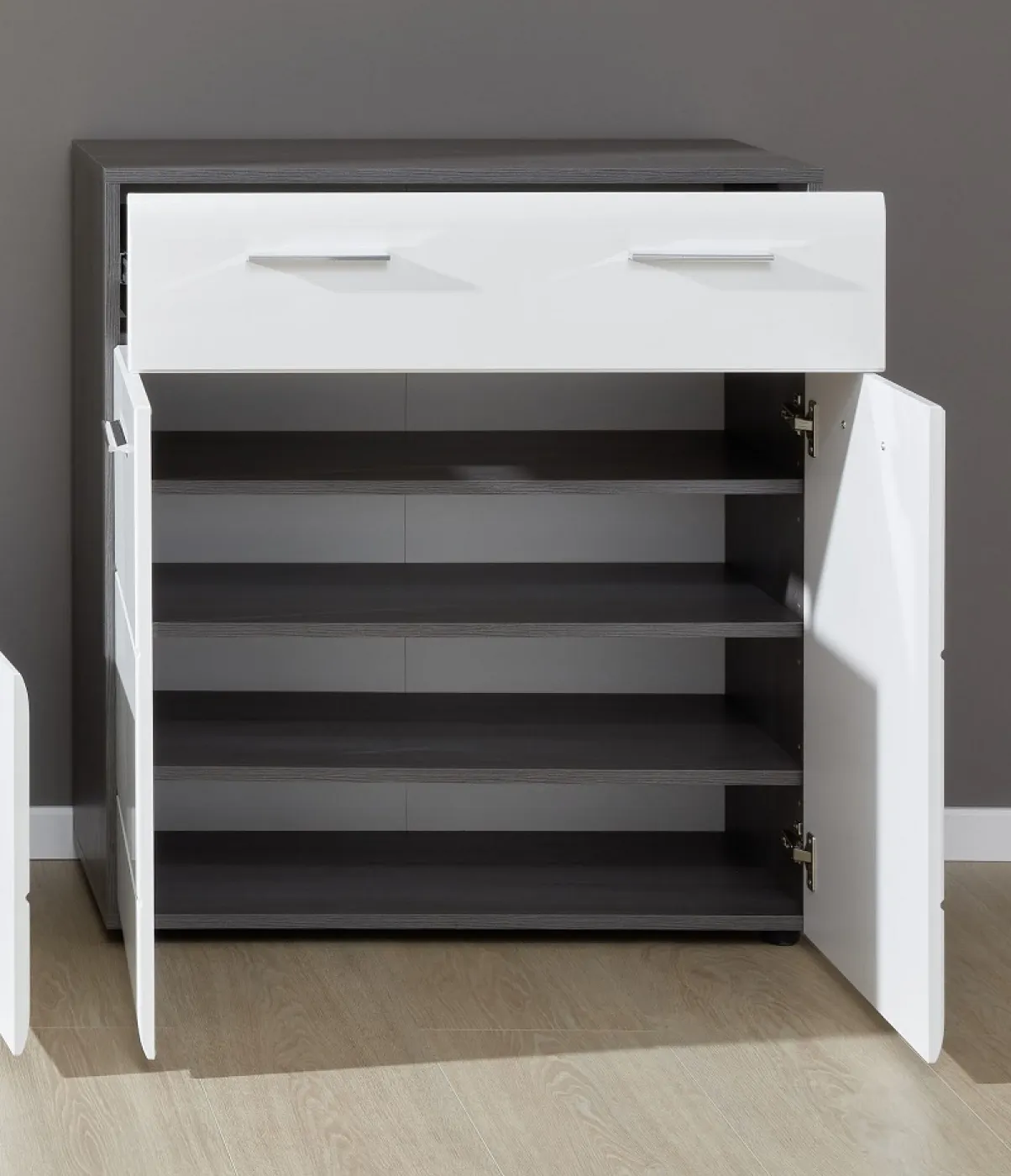 Schuhkommode Line | Hochglanz weiß / rauchsilber