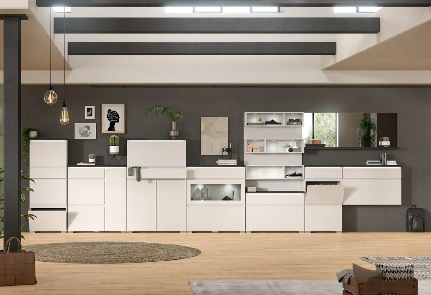 Schuhkommode Shoelove mit Schubkasten | weiß / Industrial grau | mit Beleuchtung 60 cm x 193 cm x 40 cm