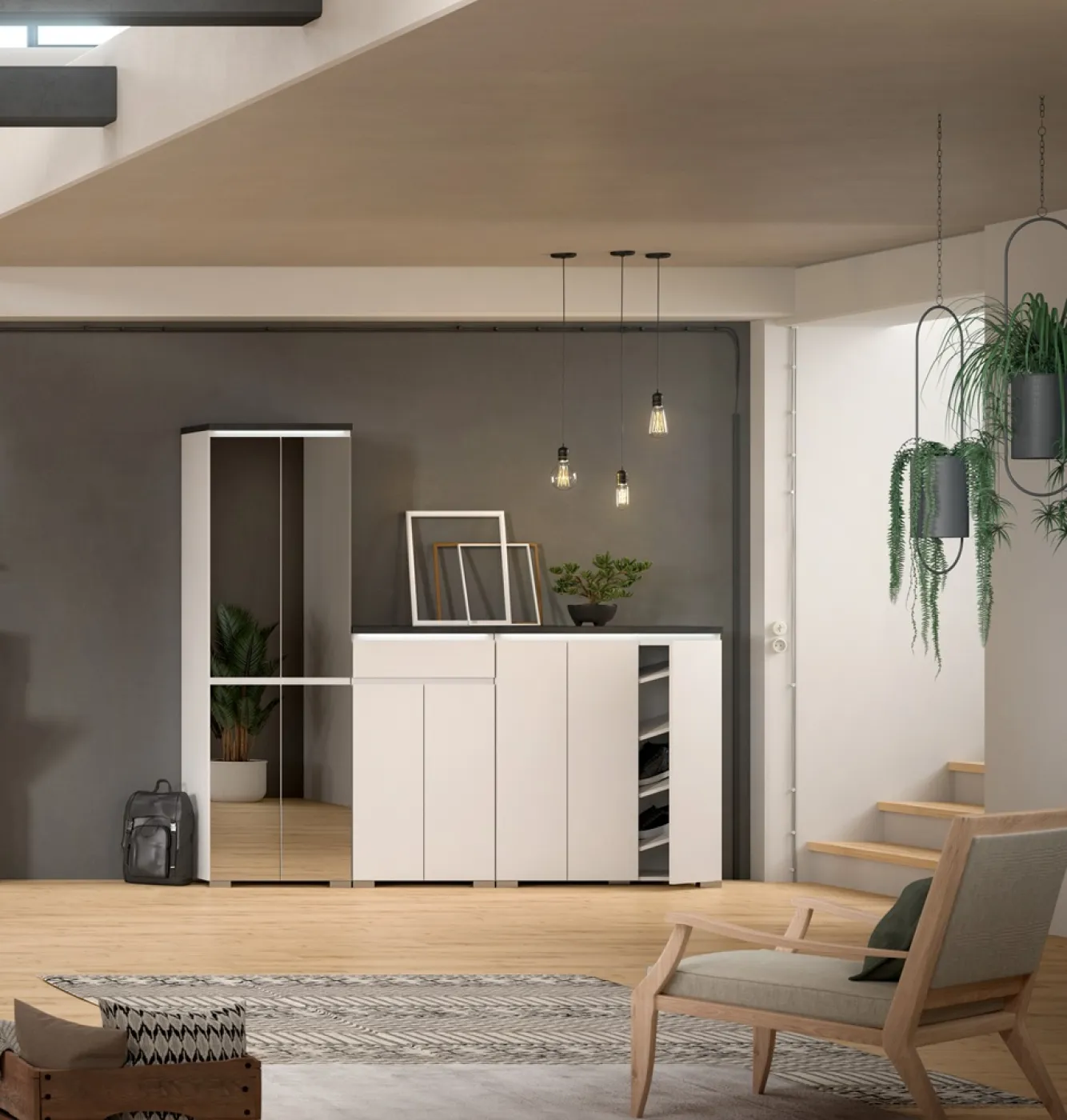 Schuhkommode Shoelove mit Schubkasten | weiß / Industrial grau | mit Beleuchtung 95 cm x 109 cm x 40 cm