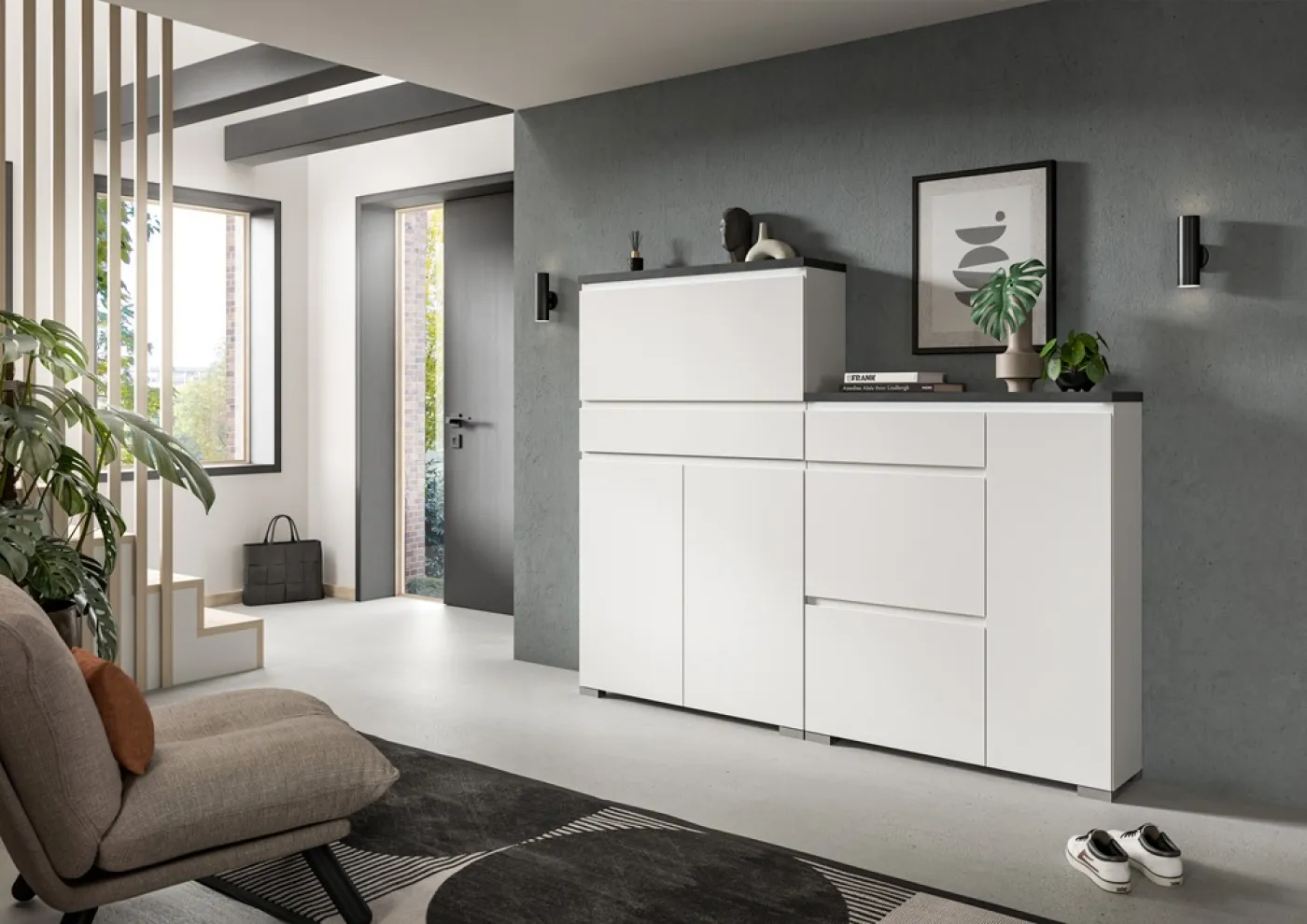 Schuhkommode Shoelove mit Schubkasten | weiß / Industrial grau | mit Beleuchtung 95 cm x 151 cm x 27 cm