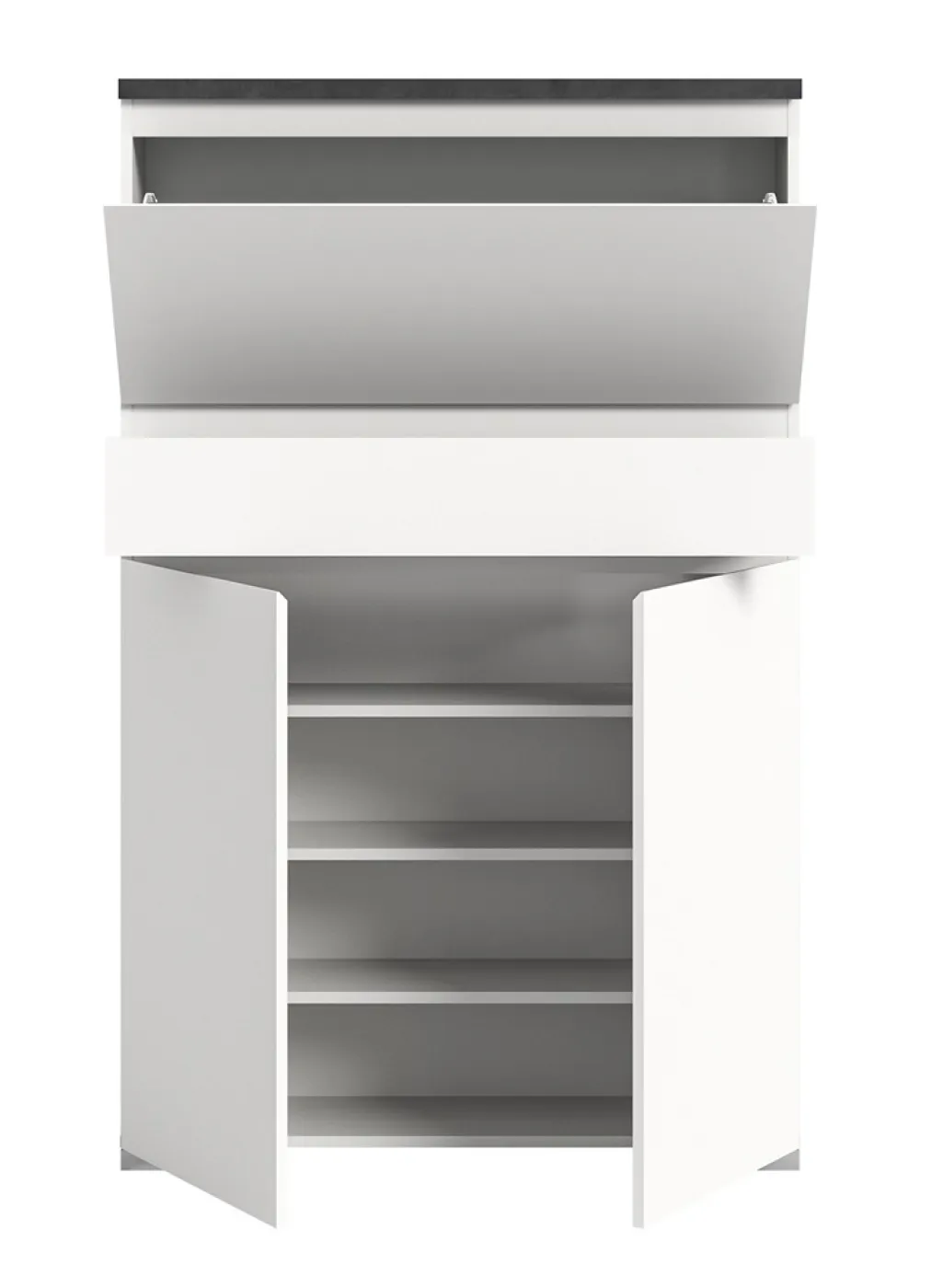 Schuhkommode Shoelove mit Schubkasten | weiß / Industrial grau | ohne Beleuchtung 95 cm x 151 cm x 27 cm