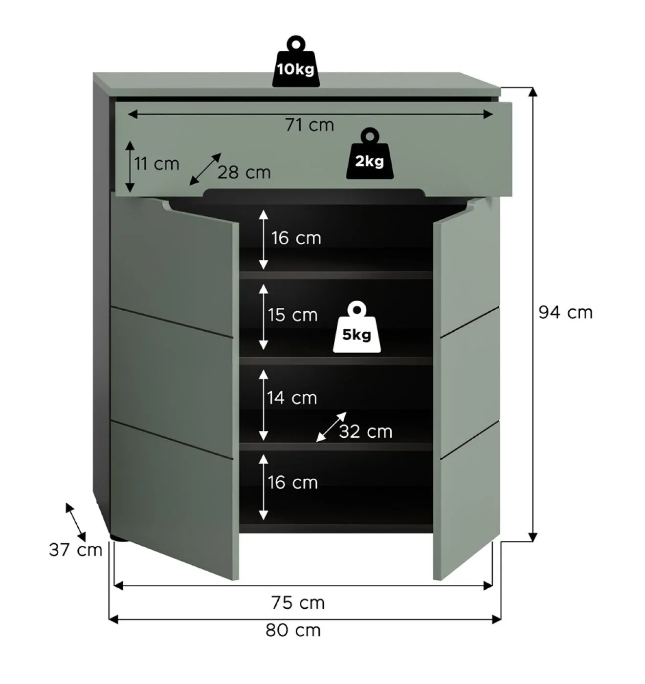 Schuhschrank | Kommode Canu | Smoke Green / Basalt grau