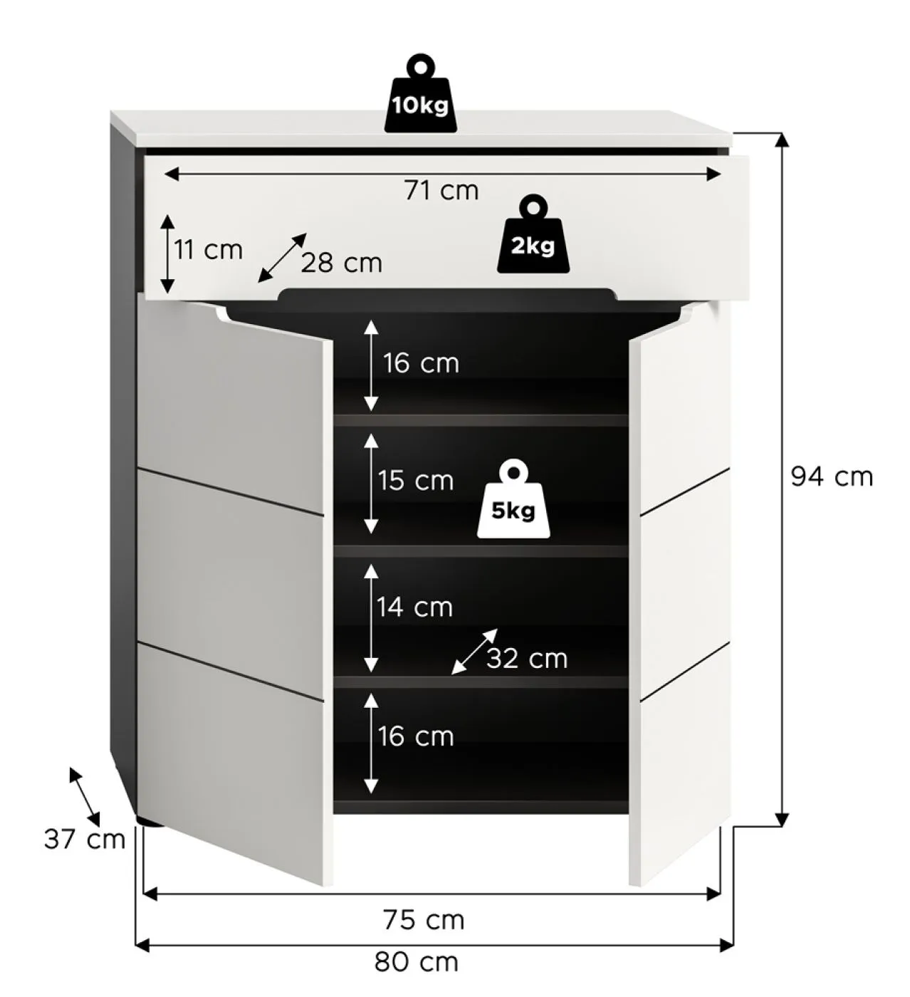 Schuhschrank | Kommode Canu | Weiß / Basalt grau