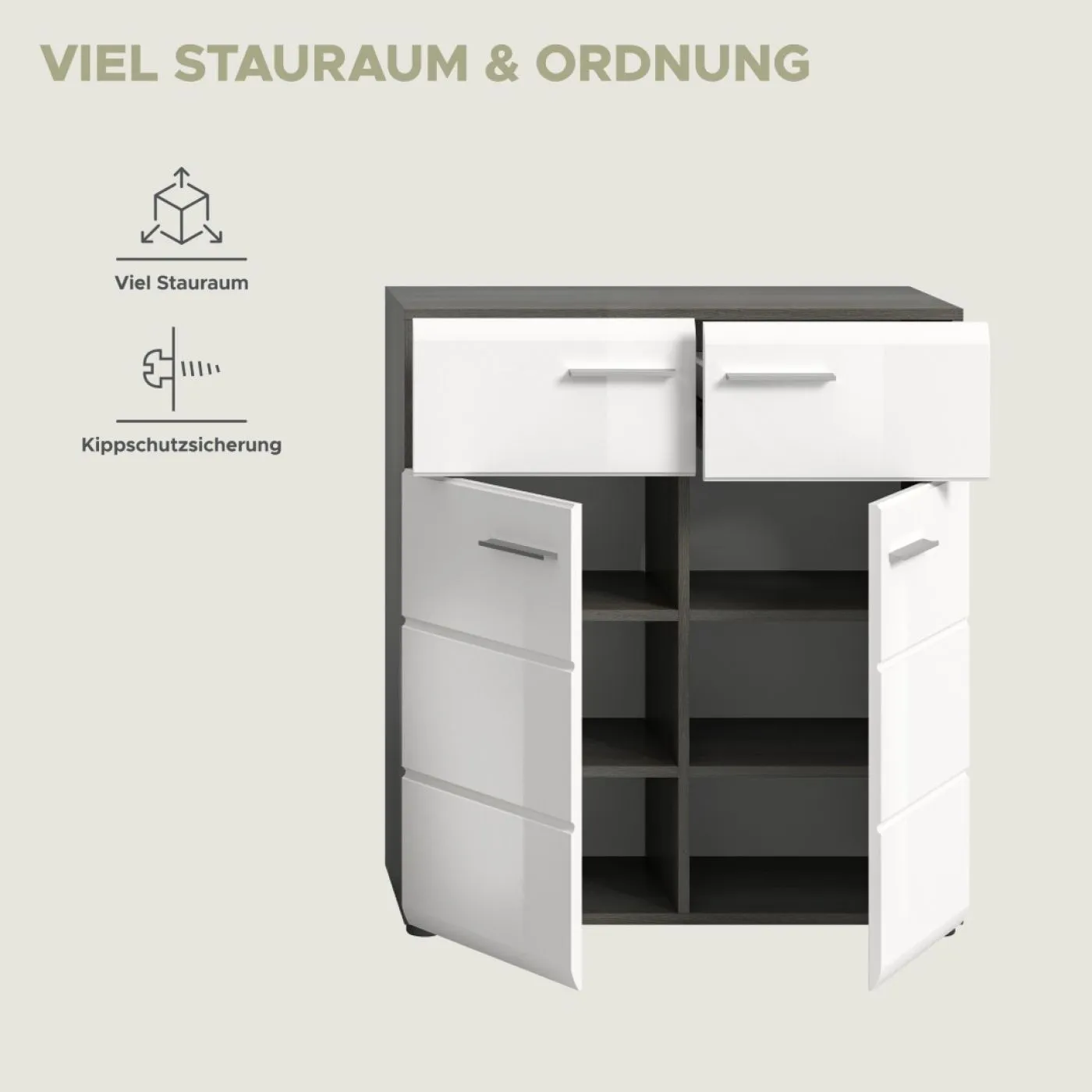 Schuhschrank | Kommode Salsa | weiß Hochglanz / rauchsilber