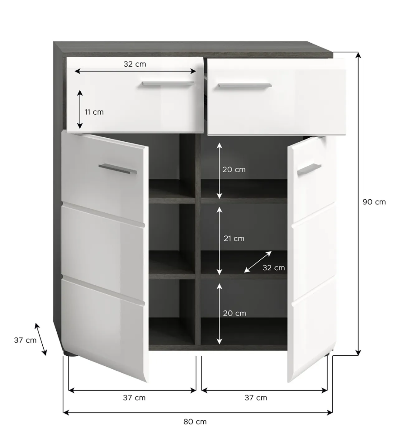 Schuhschrank | Kommode Salsa | weiß Hochglanz / rauchsilber
