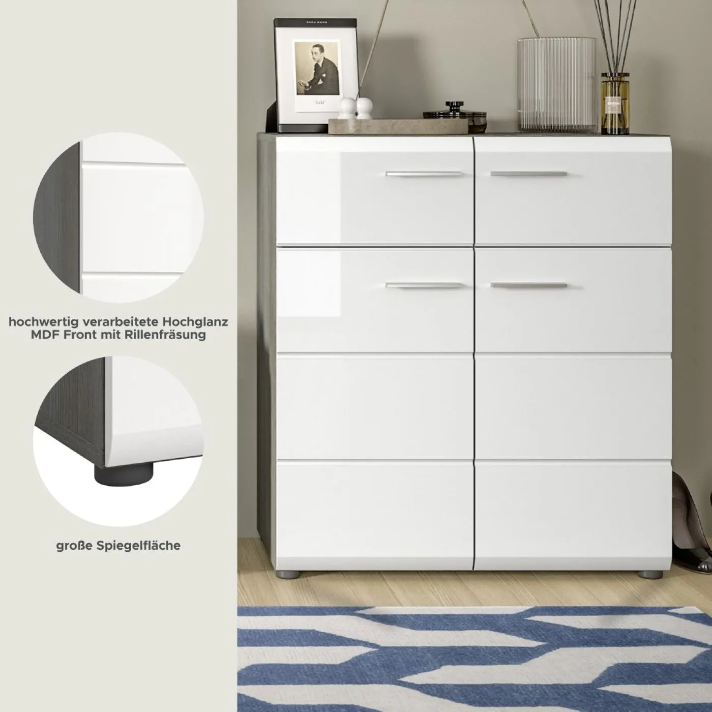 Schuhschrank | Kommode Salsa | weiß Hochglanz / rauchsilber