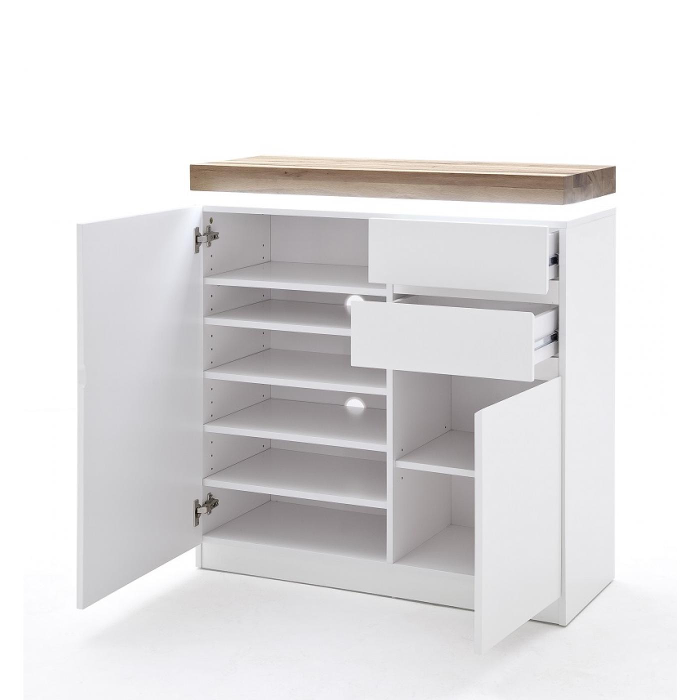 Schuhschrank Romina | weiß matt / Asteiche massiv | LED Beleuchtung