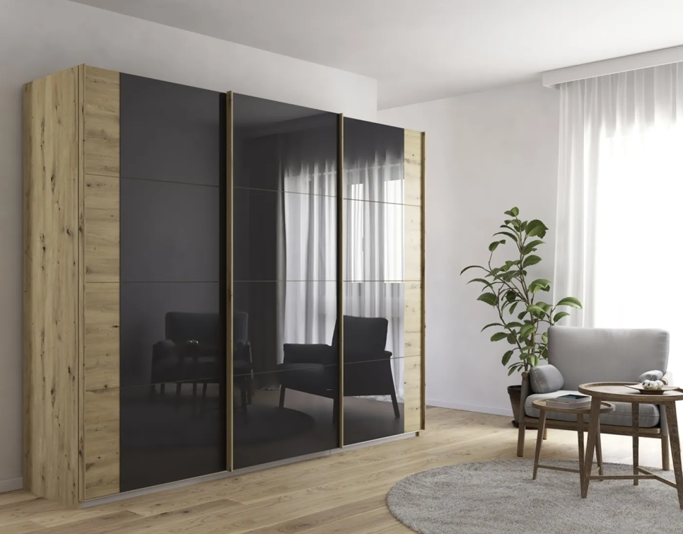 Schwebetürenschrank Artemis | mit Glastüren | Eiche Artisan / basalt grau | verschiedene Größe