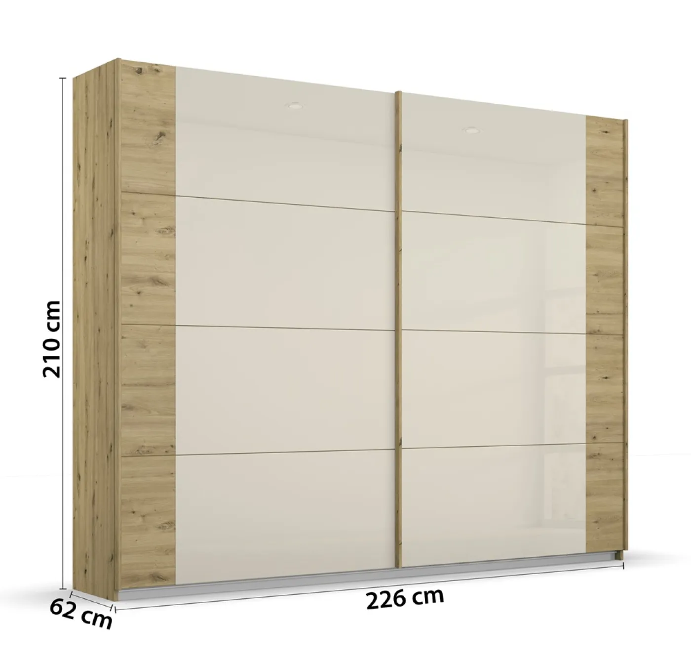 Schwebetürenschrank Artemis mit Glastüren | Eiche Artisan / champagner | 226 x 210 x 62 cm