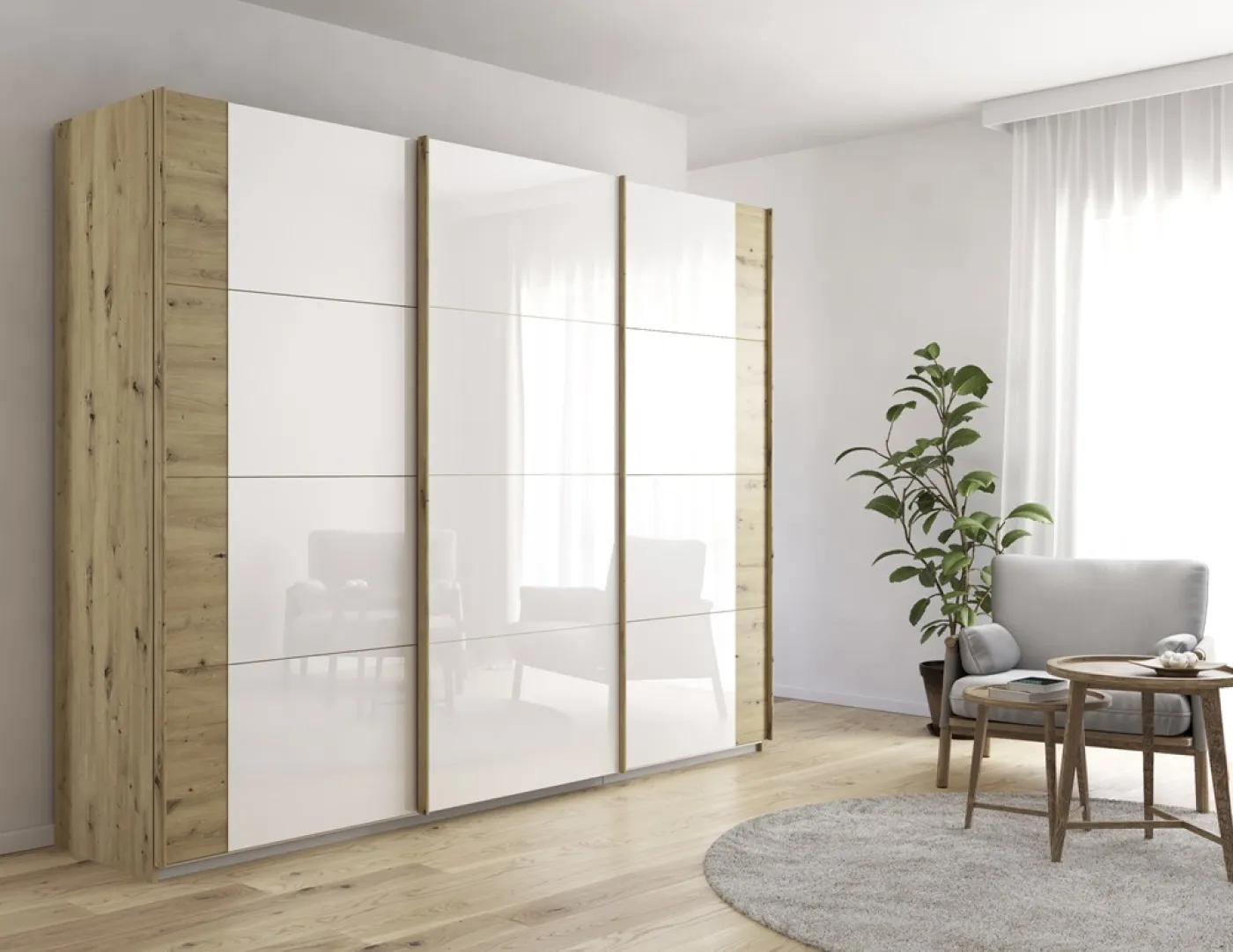 Schwebetürenschrank Artemis | mit Glastüren | Eiche Artisan / weiß| verschiedene Größe