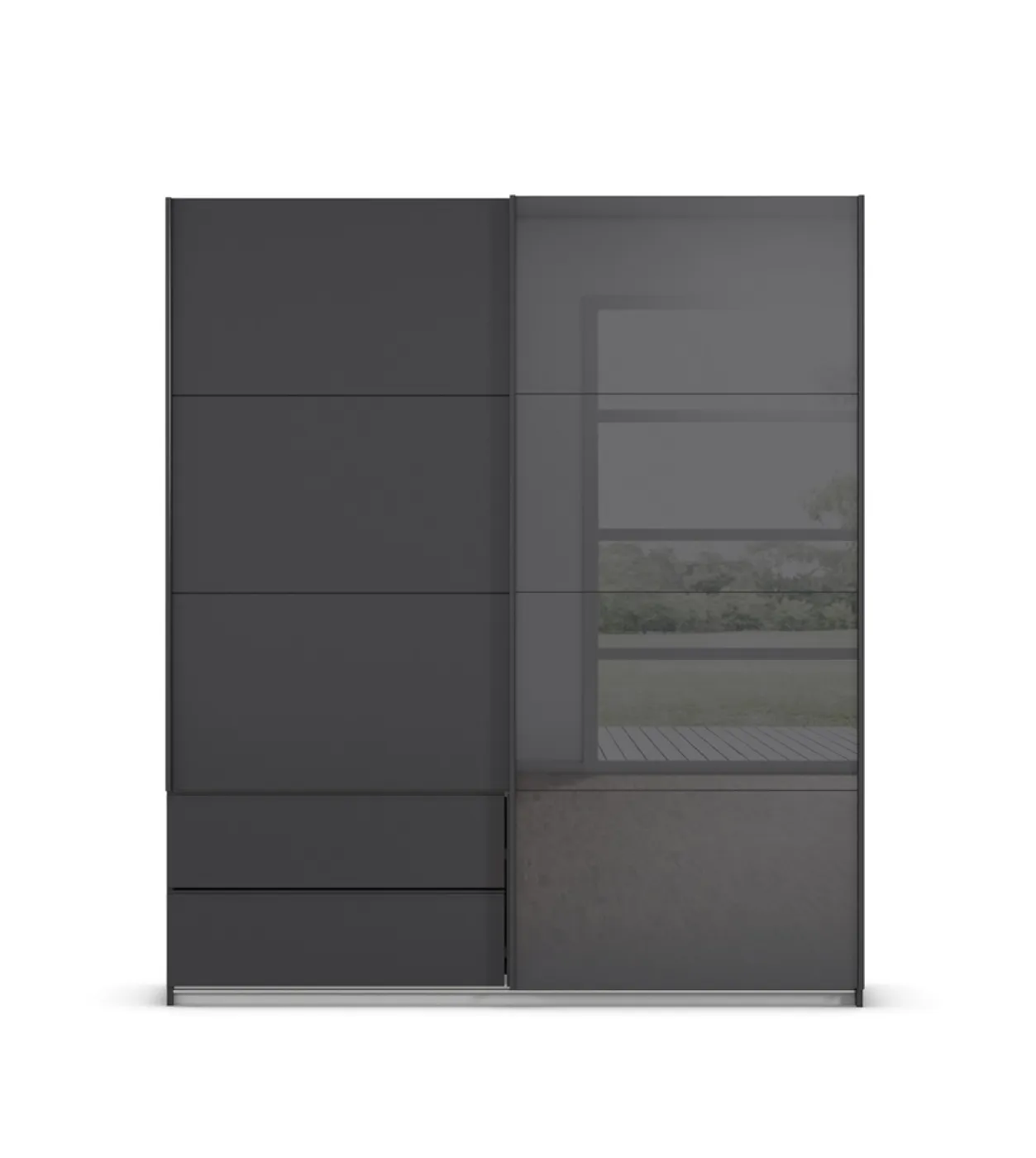 Schwebetürenschrank Elara mit Glas | grau metallic / basalt grau | 181 x 210 x 62 cm