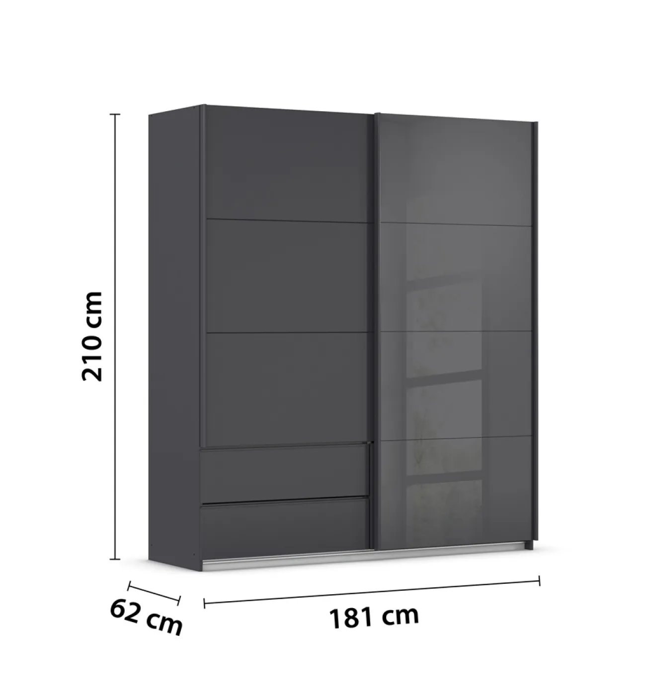 Schwebetürenschrank Elara mit Glas | grau metallic / basalt grau | 181 x 210 x 62 cm