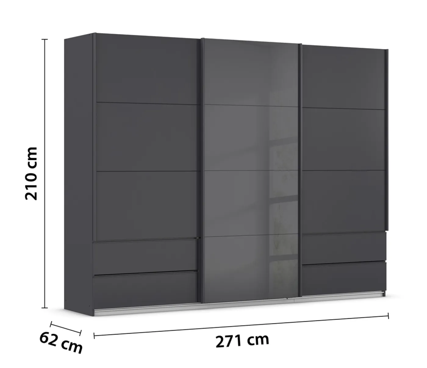 Schwebetürenschrank Elara mit Glas | grau metallic / basalt grau | 271 x 210 x 62 cm