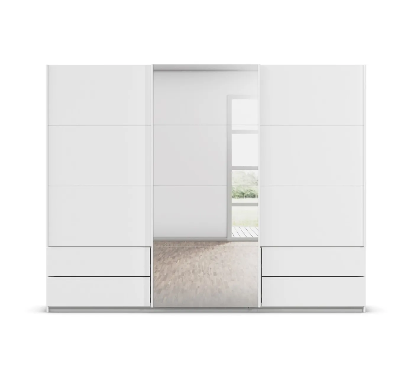 Schwebetürenschrank Elara mit Spiegel | alpinweiß | 271 x 210 x 62 cm