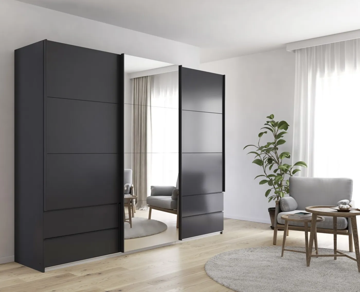 Schwebetürenschrank Elara mit Spiegel | grau metallic | verschiedene Größe