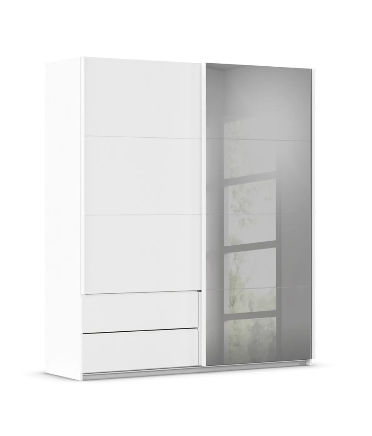 Schwebetürenschrank Elara mit Spiegel in grau | alpinweiß | 181 x 210 x 62 cm