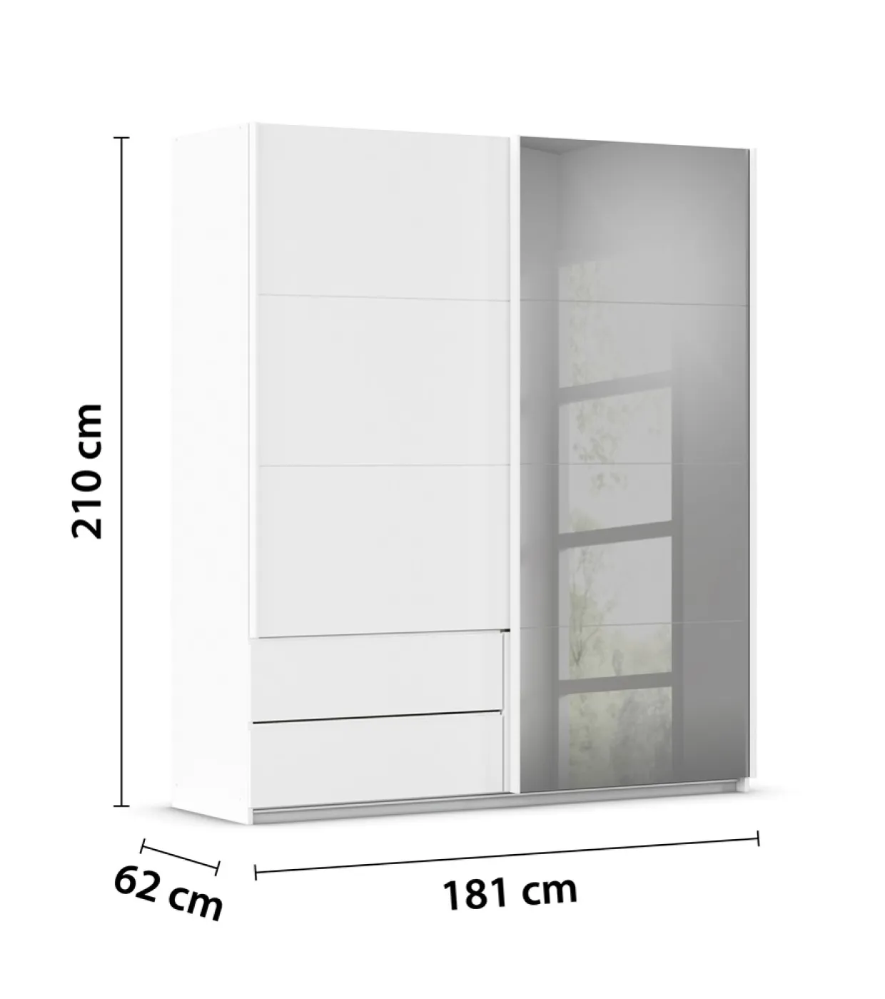 Schwebetürenschrank Elara mit Spiegel in grau | alpinweiß | 181 x 210 x 62 cm
