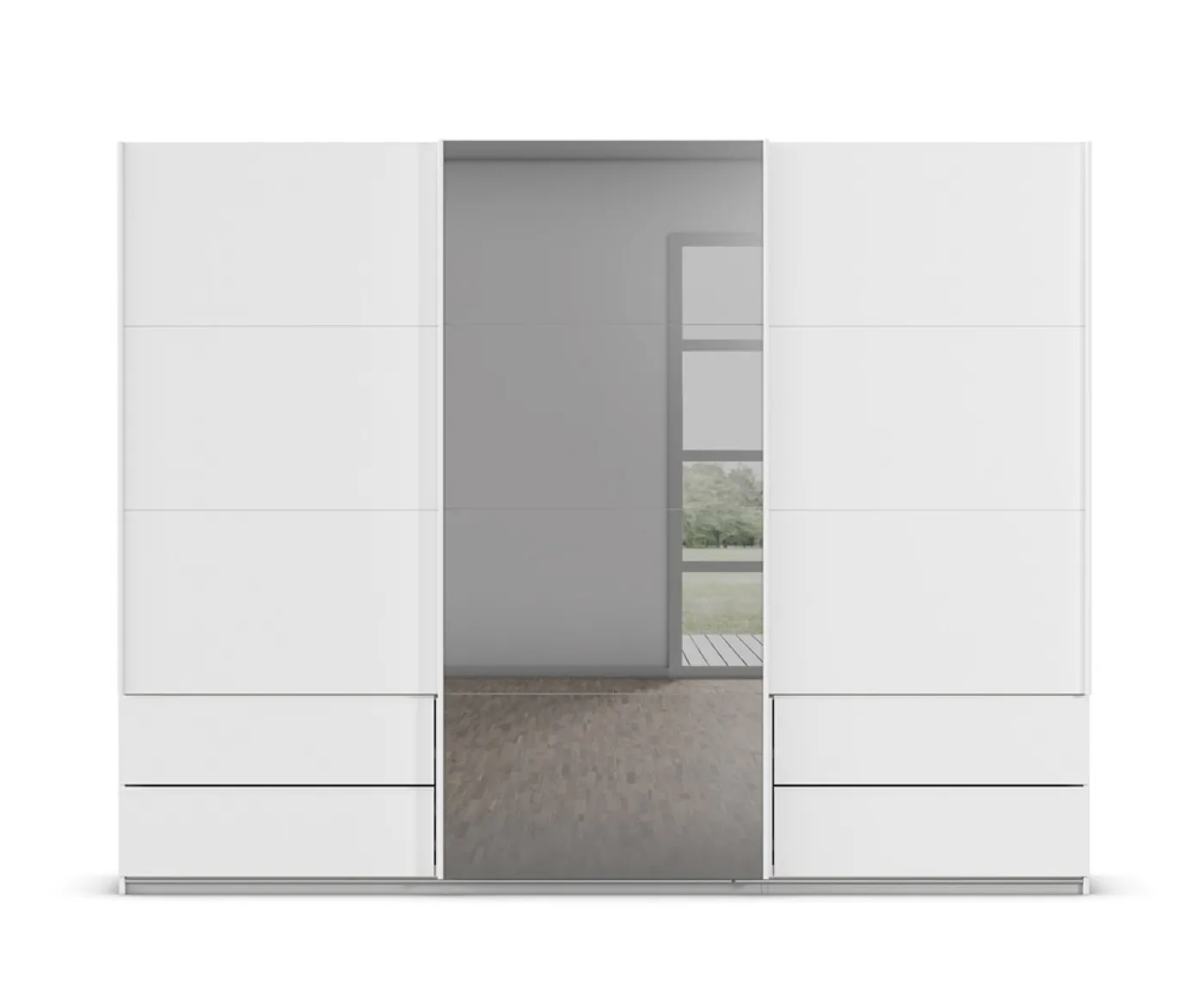 Schwebetürenschrank Elara mit Spiegel in grau | alpinweiß | 271 x 210 x 62 cm