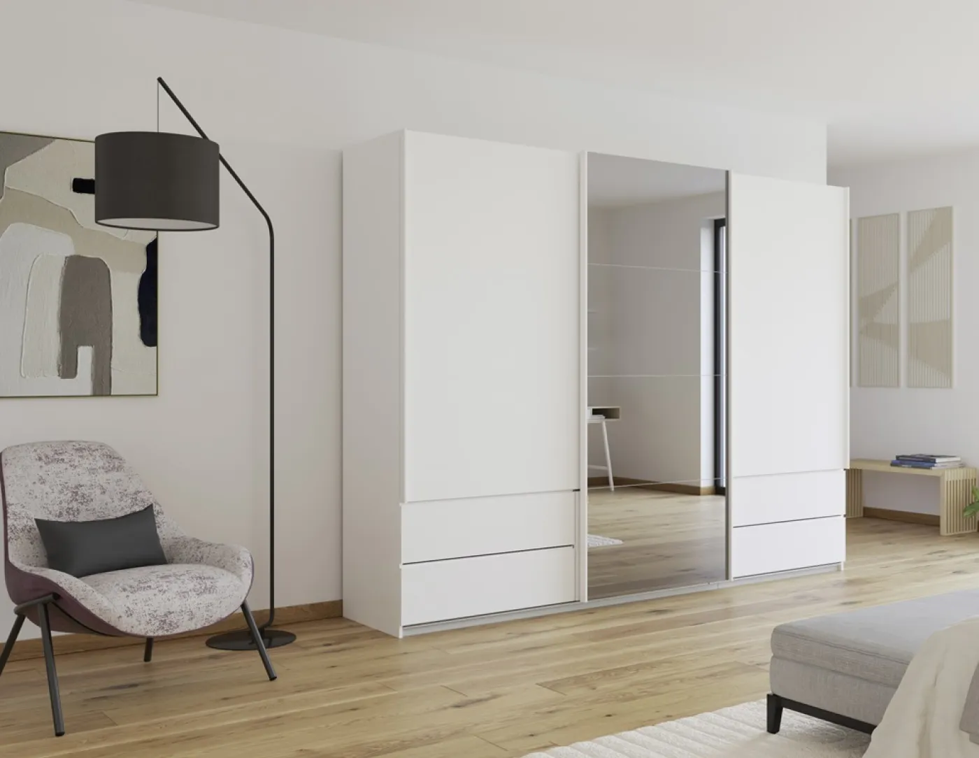 Schwebetürenschrank Elara mit Spiegel in grau | alpinweiß | verschiedene Größe