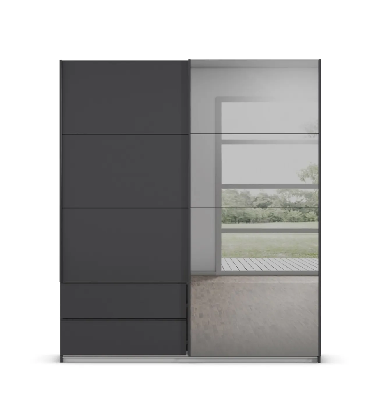 Schwebetürenschrank Elara mit Spieffffü88gel in grau | grau metallic | 181 x 210 x 62 cm