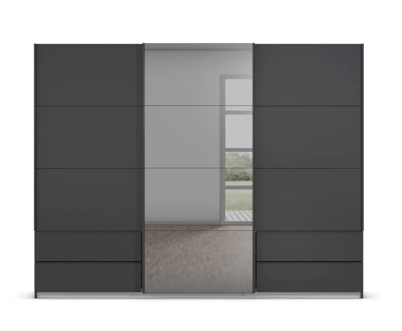 Schwebetürenschrank Elara mit Spiegel in grau | grau metallic | 271 x 210 x 62 cm