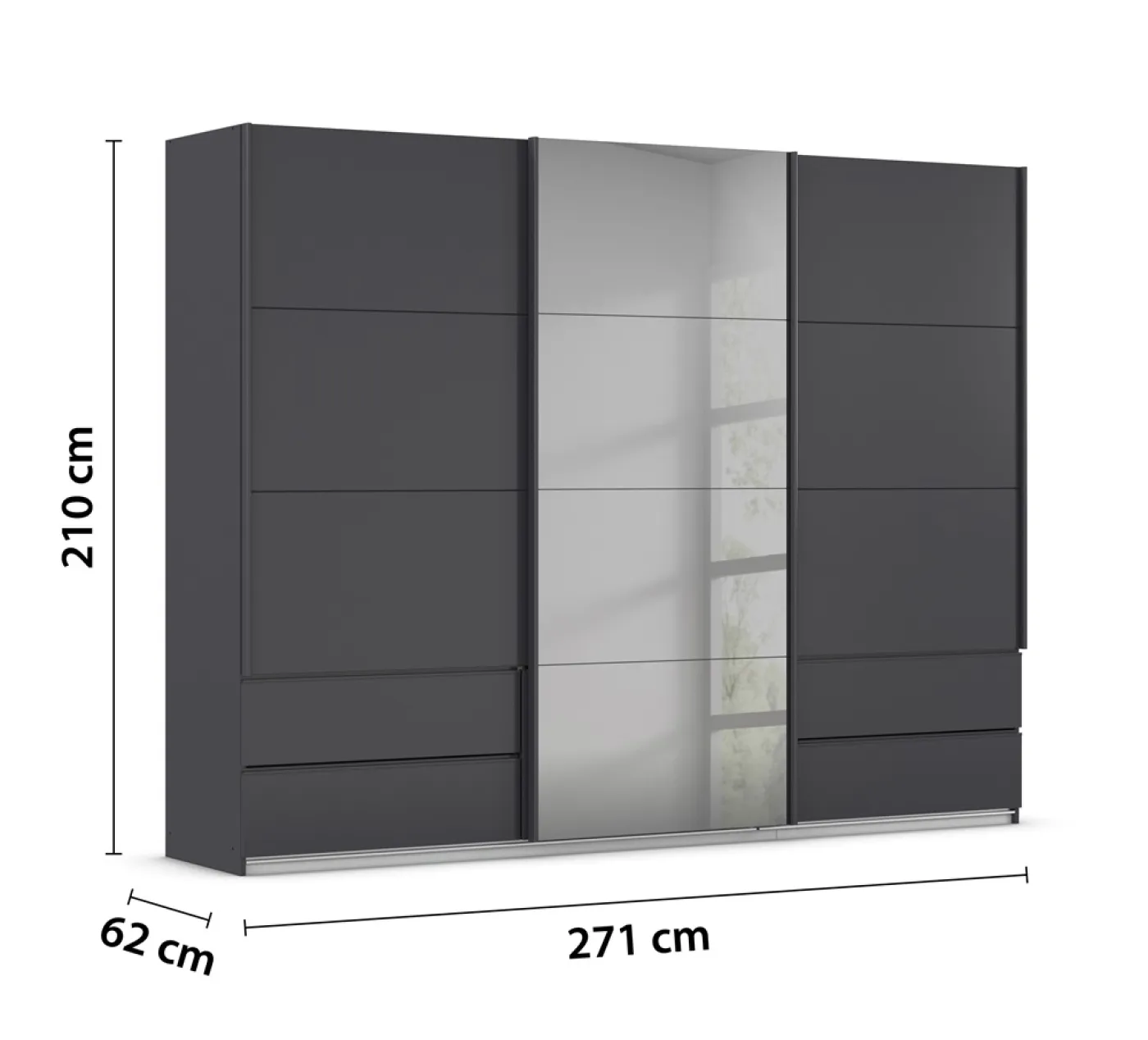 Schwebetürenschrank Elara mit Spiegel in grau | grau metallic | 271 x 210 x 62 cm