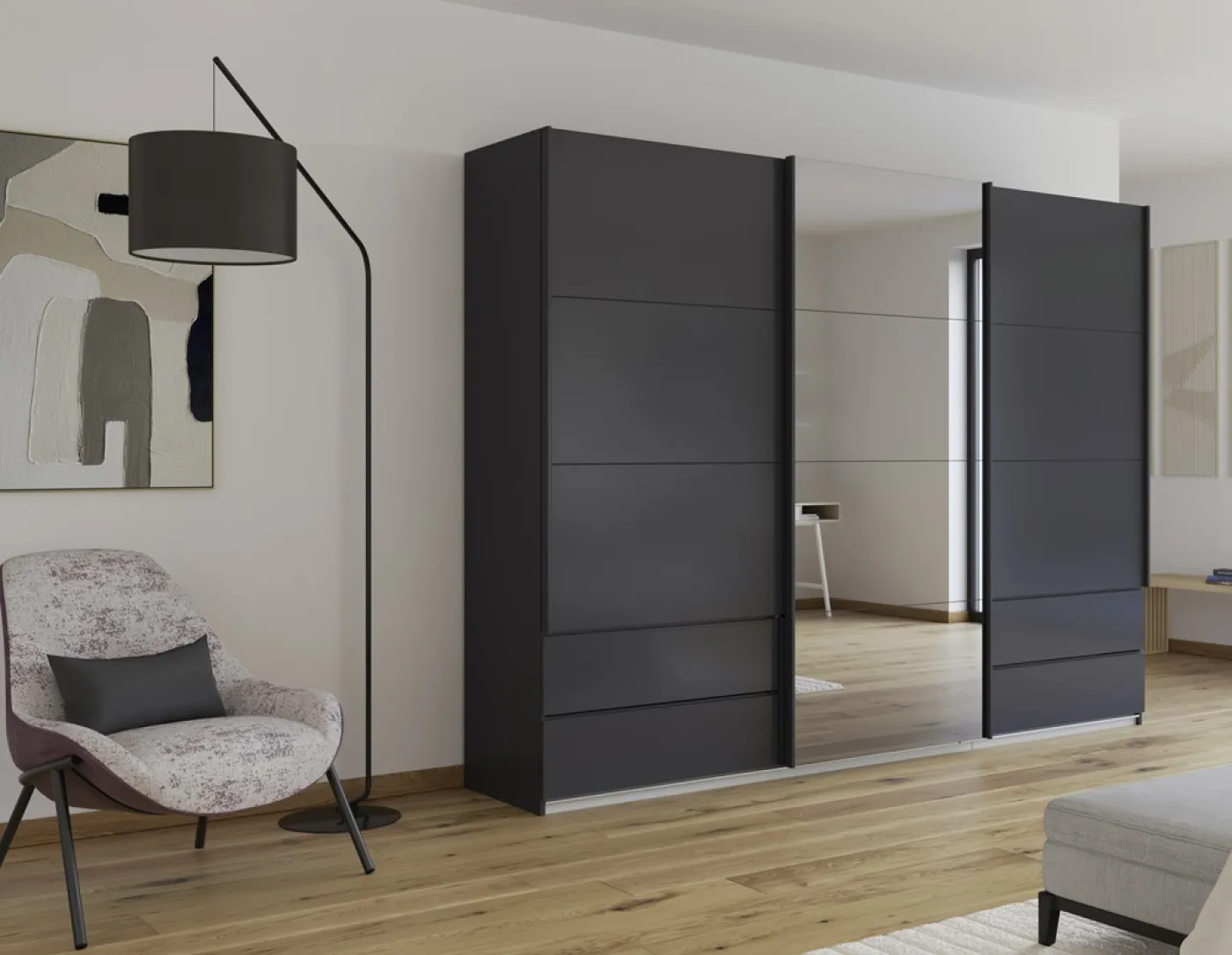 Schwebetürenschrank Elara mit Spiegel in grau | grau metallic | verschiedene Größe