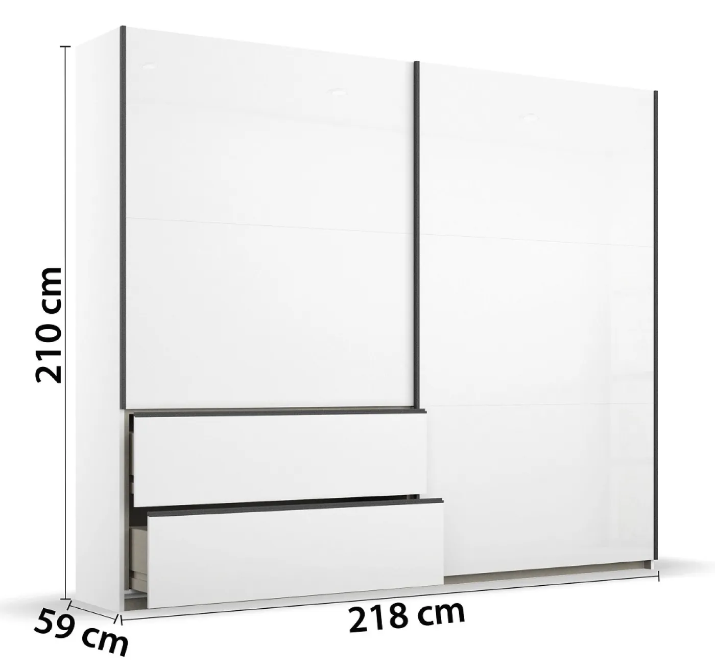 Schwebetürenschrank Sevilla | 2-türig | Alpinweiß Hochglanz / grau metallic | 218 x 210 x 59 cm