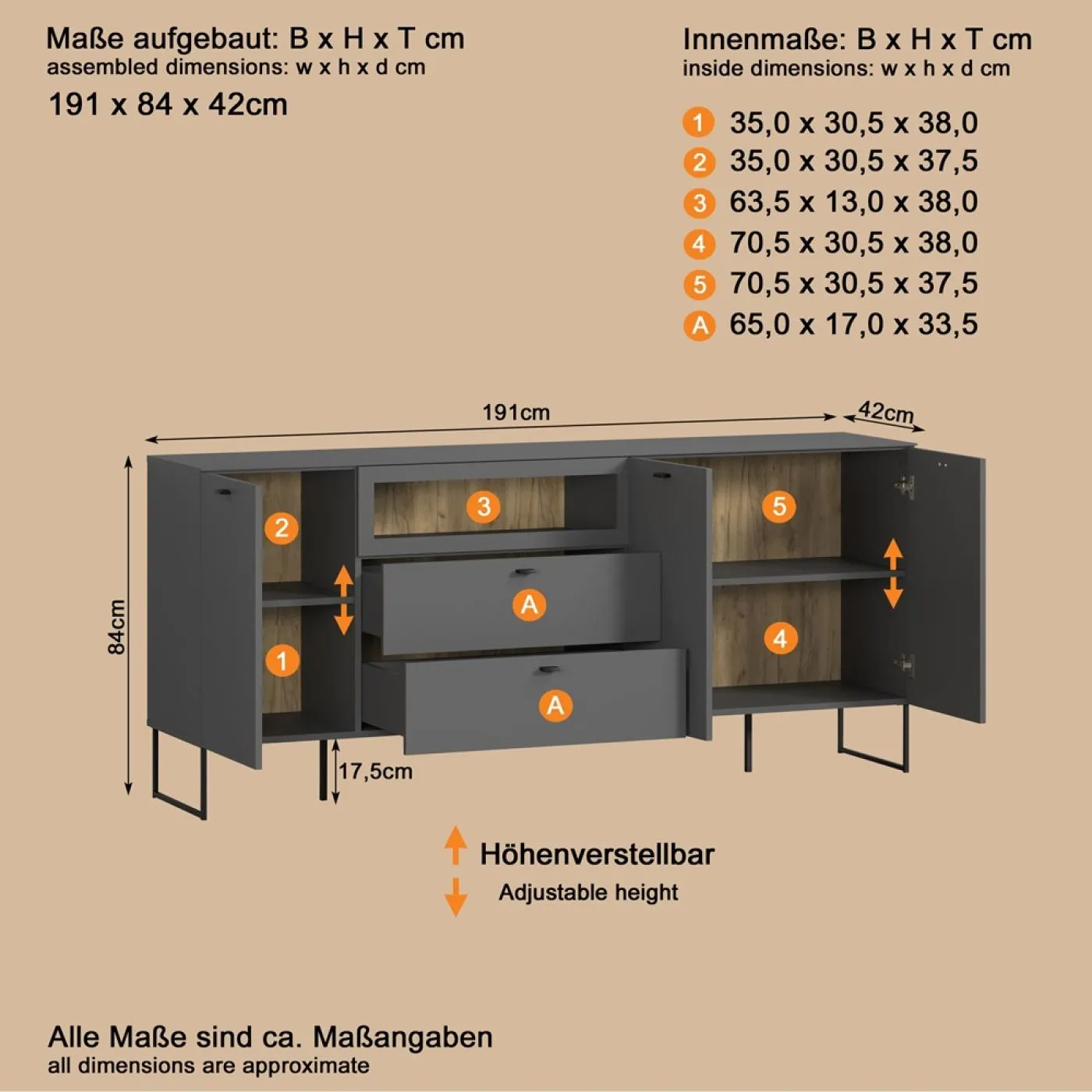 Sideboard Bellugi 1, Anthrazit Dekor – Ansicht 6