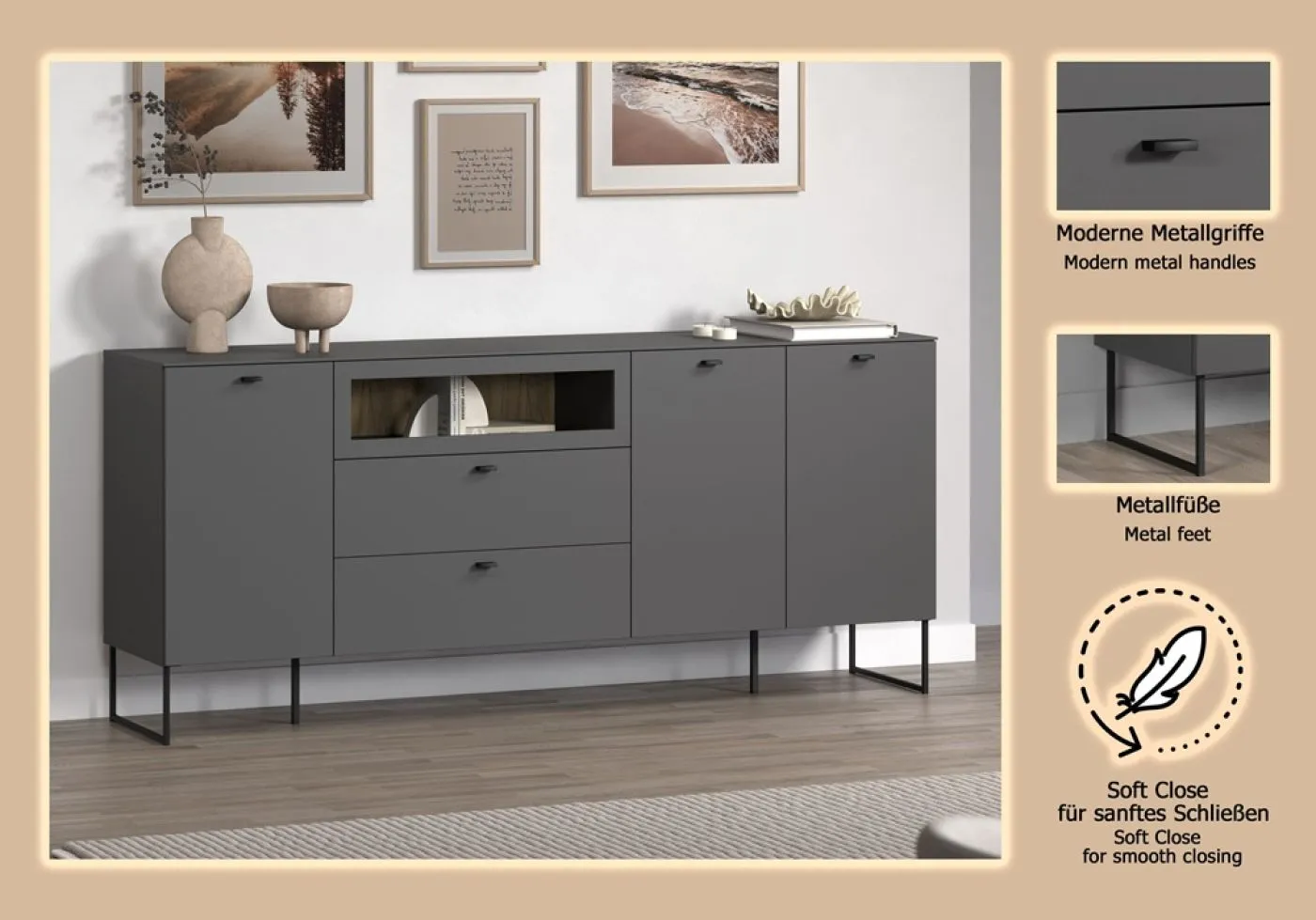 Sideboard Bellugi 1, Anthrazit Dekor – Ansicht 7