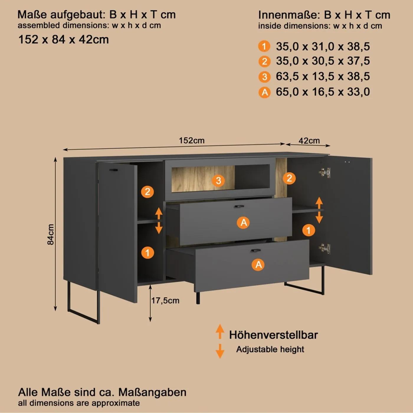 Sideboard Bellugi, Anthrazit Dekor – Ansicht 6