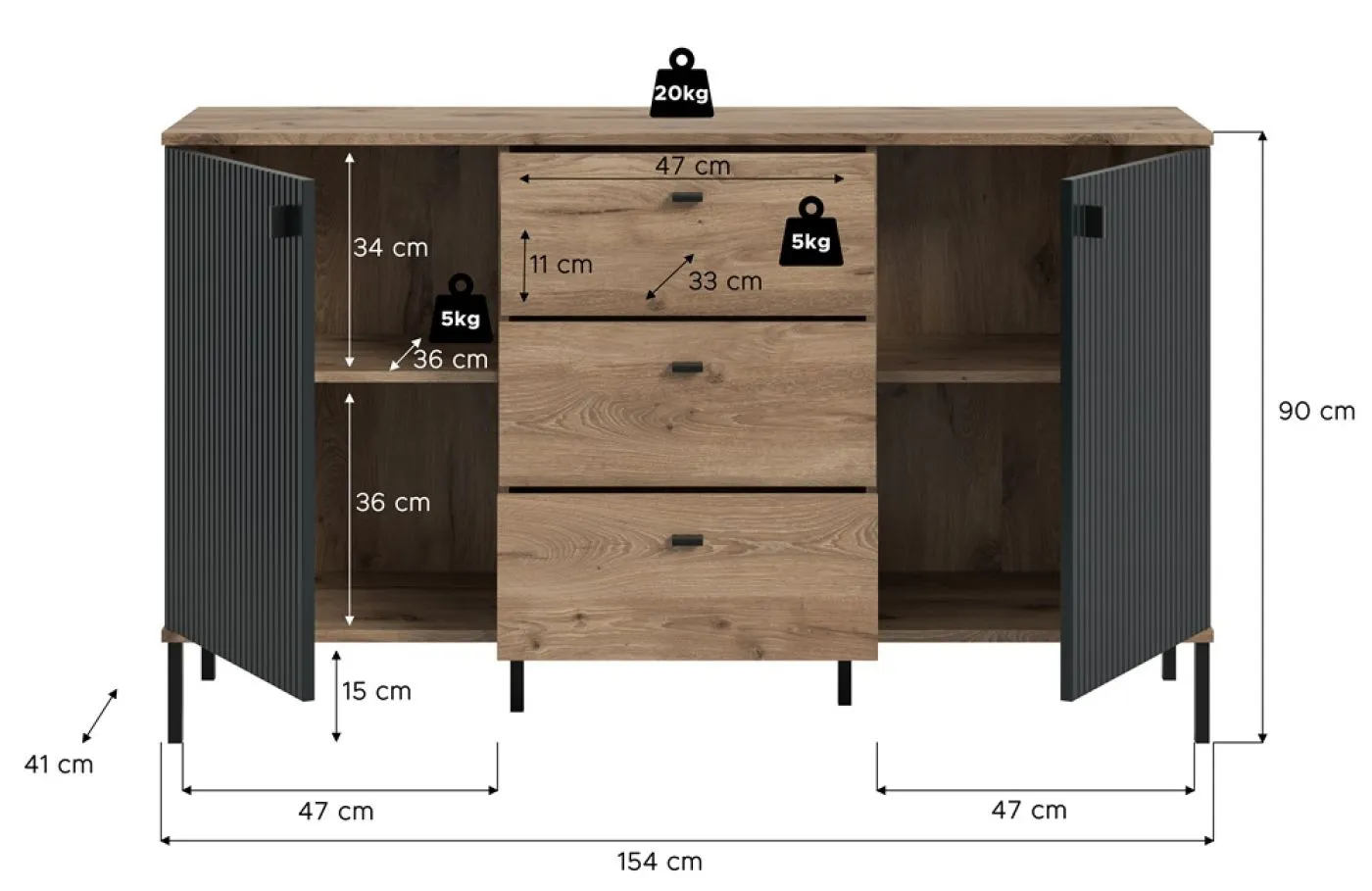 Sideboard Chess | mit 3 Schubkästen | Nox Oak / schwarz