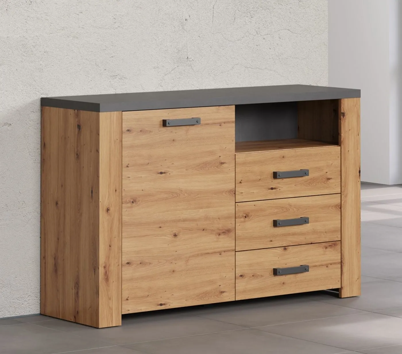 Sideboard Follow mit Schubkästen | Artisan Eiche / Matera grau mit Beleuchtung