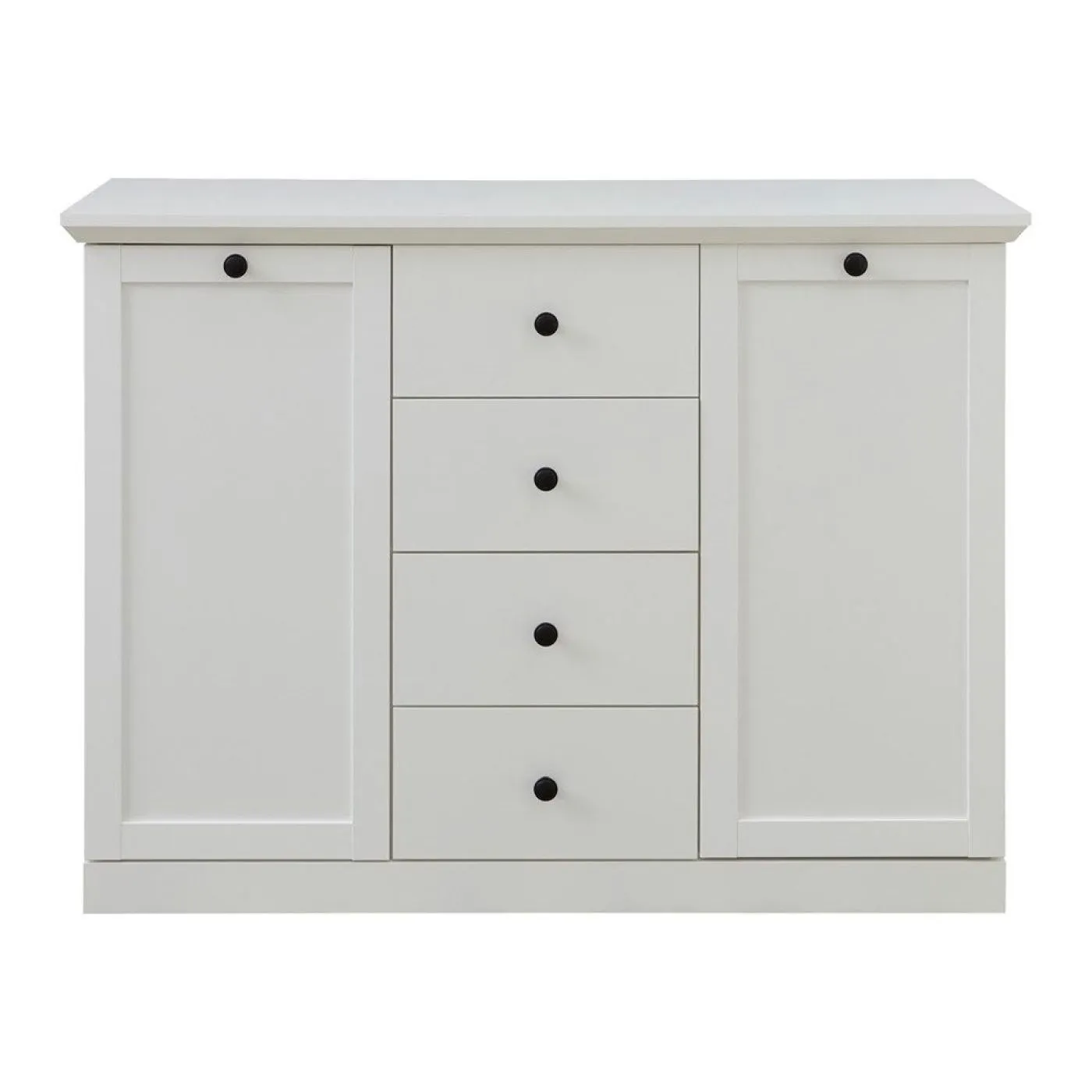 Sideboard Kommode Baxter 120 cm, weiß, Landhausstil, im Wohnzimmer, 2 Türen links, 4 Schubkästen rechts, schwarze Griffe – Ansicht 5