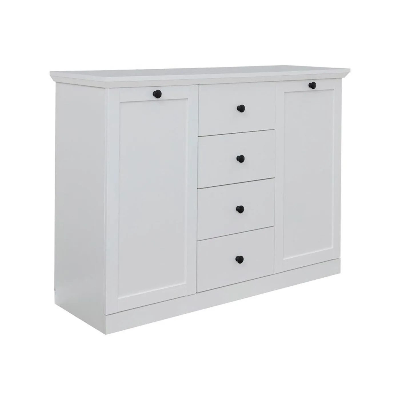 Sideboard Kommode Baxter 120 cm, weiß, Landhausstil, im Wohnzimmer, 2 Türen links, 4 Schubkästen rechts, schwarze Griffe – Ansicht 6