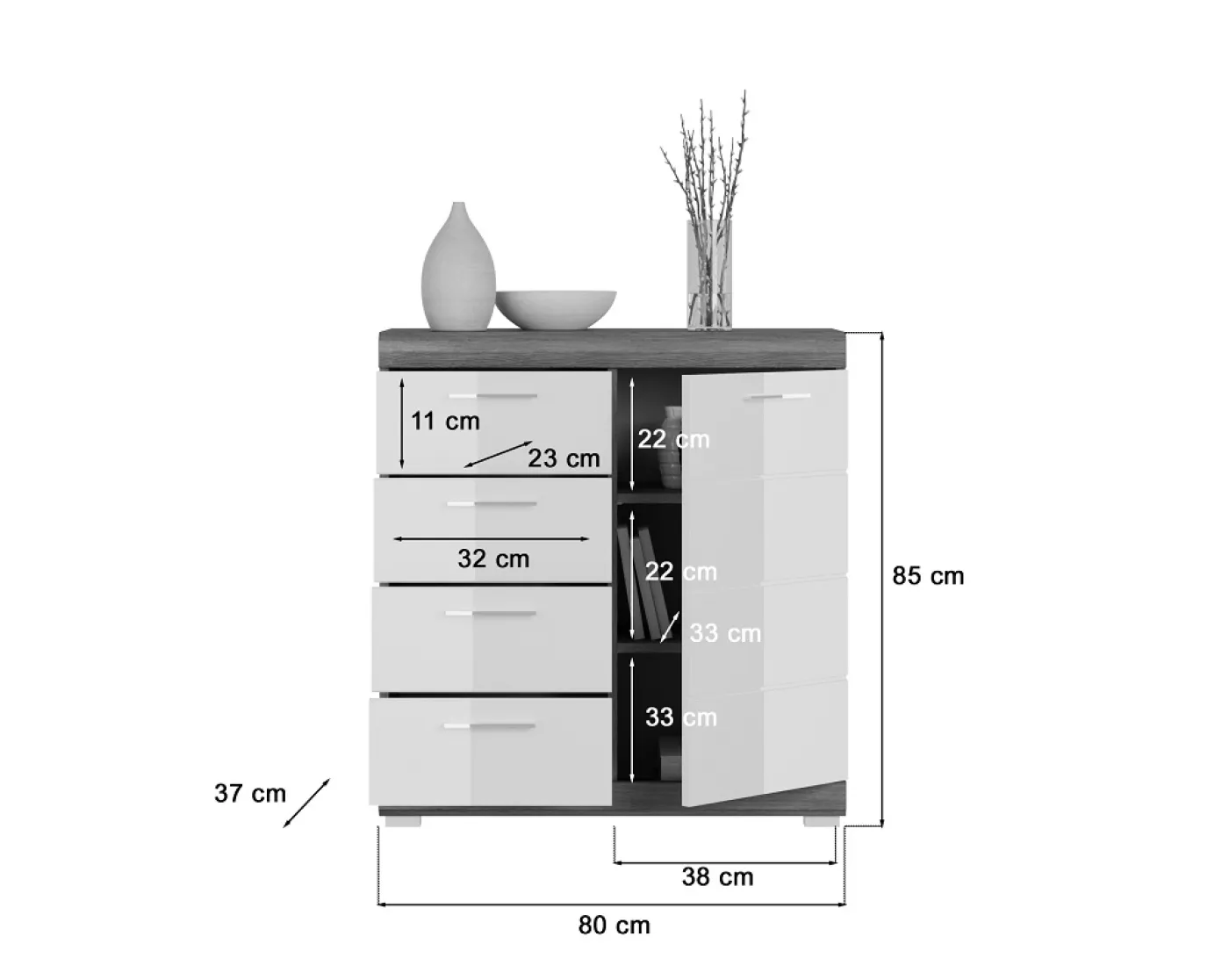 Sideboard Kommode Scout 3 | weiß Hochglanz / rauchsilber