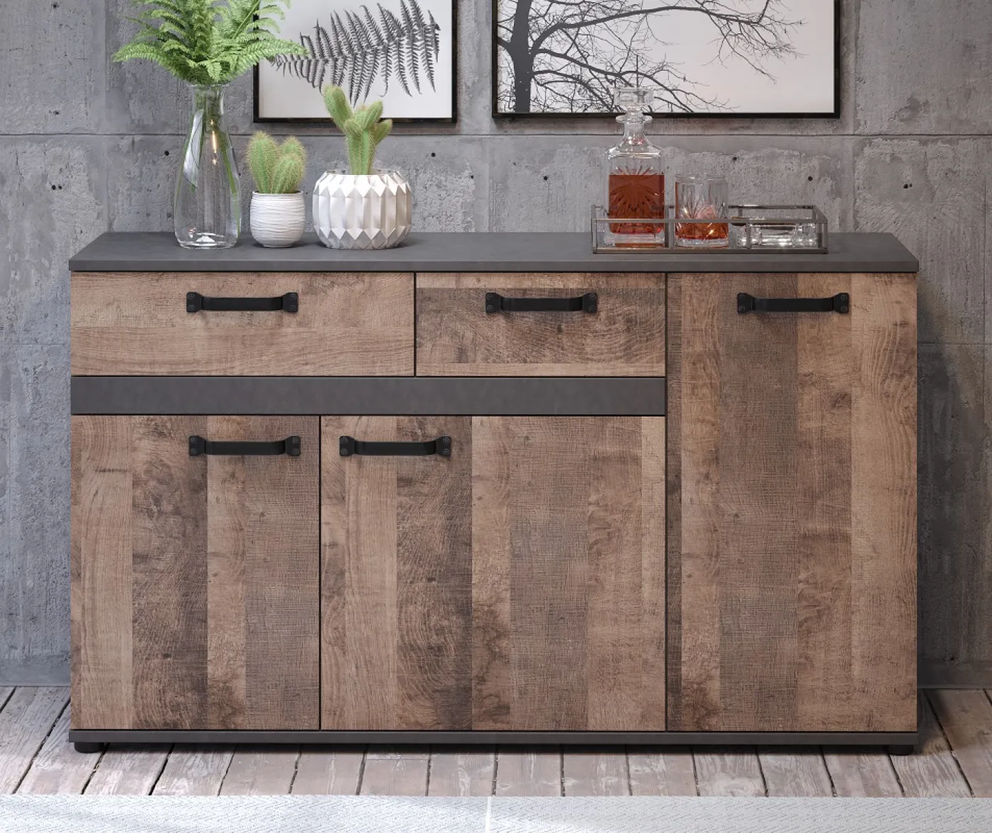 Sideboard Kommode Stripe | Artisan Eiche / Matera grau
