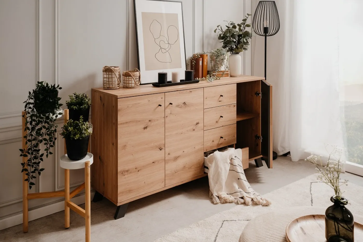 Sideboard Medan | mit 3D-Lamellen | Artisan Eiche / anthrazit