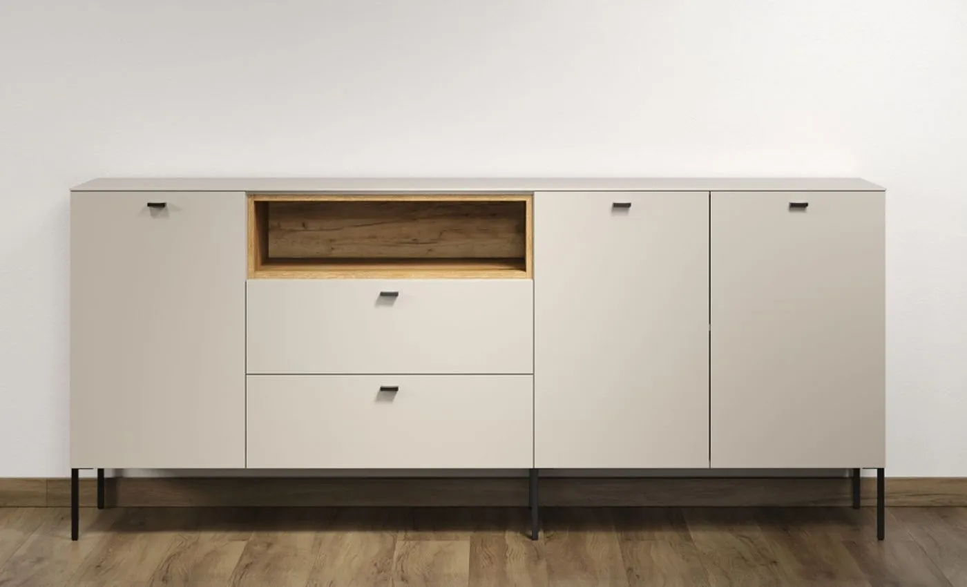Sideboard Sao Paulo 1, Kaschmir Dekor, Offenes Mittelfach, 2 Schubkästen, Türfronten mit Griffmulden – Ansicht 3