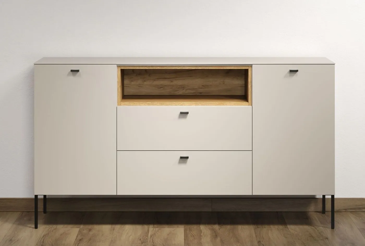 Sideboard Sao Paulo, Kaschmir Dekor, im Wohnzimmer, mit offenen Fächern und Schubkästen, Metallfüße – Ansicht 3