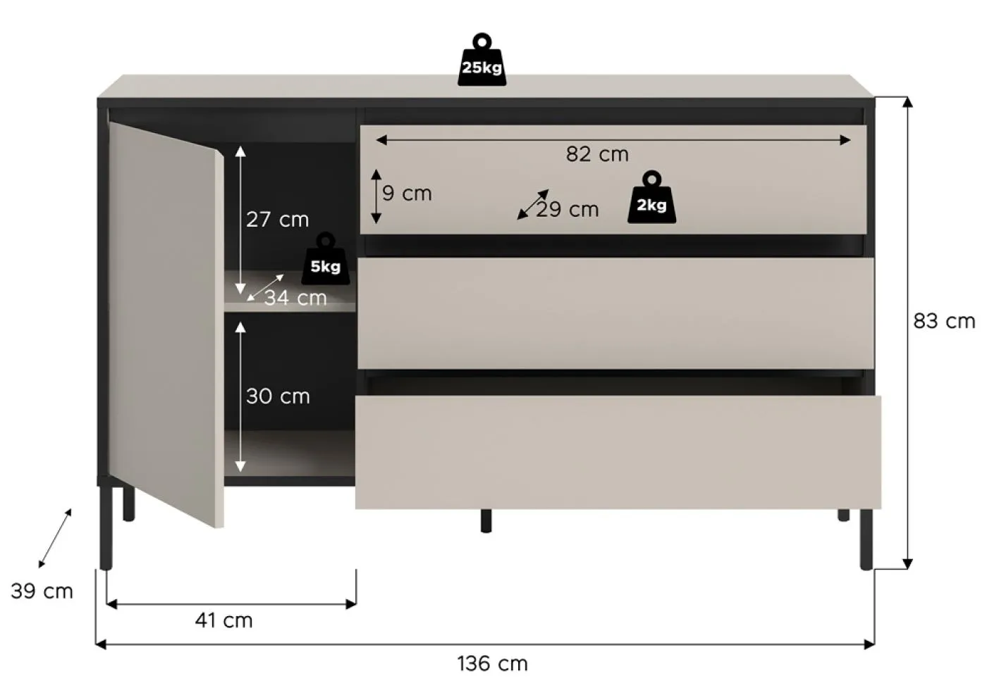 Sideboard Tron | Kaschmir / schwarz