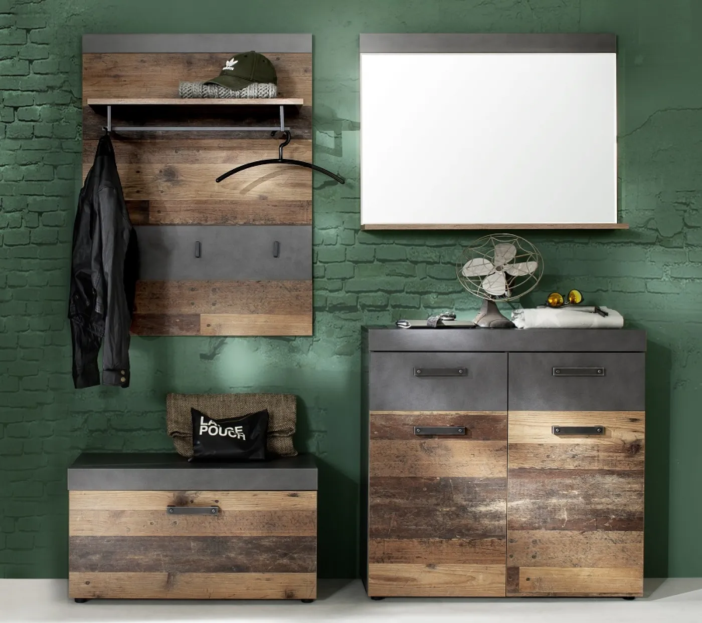 Sitzbank Garderobe Indy | Old Used Wood / Matera grau | Shabby Look