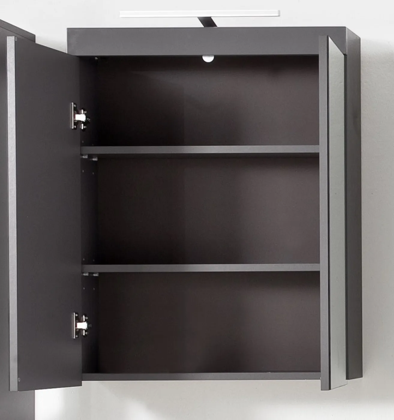 Spiegelschrank Amanda | grau Hochglanz mit Aufsatzleuchte