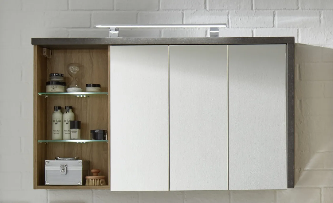 Spiegelschrank Bay | Eiche Honig / Beton mit Aufsatzleuchte