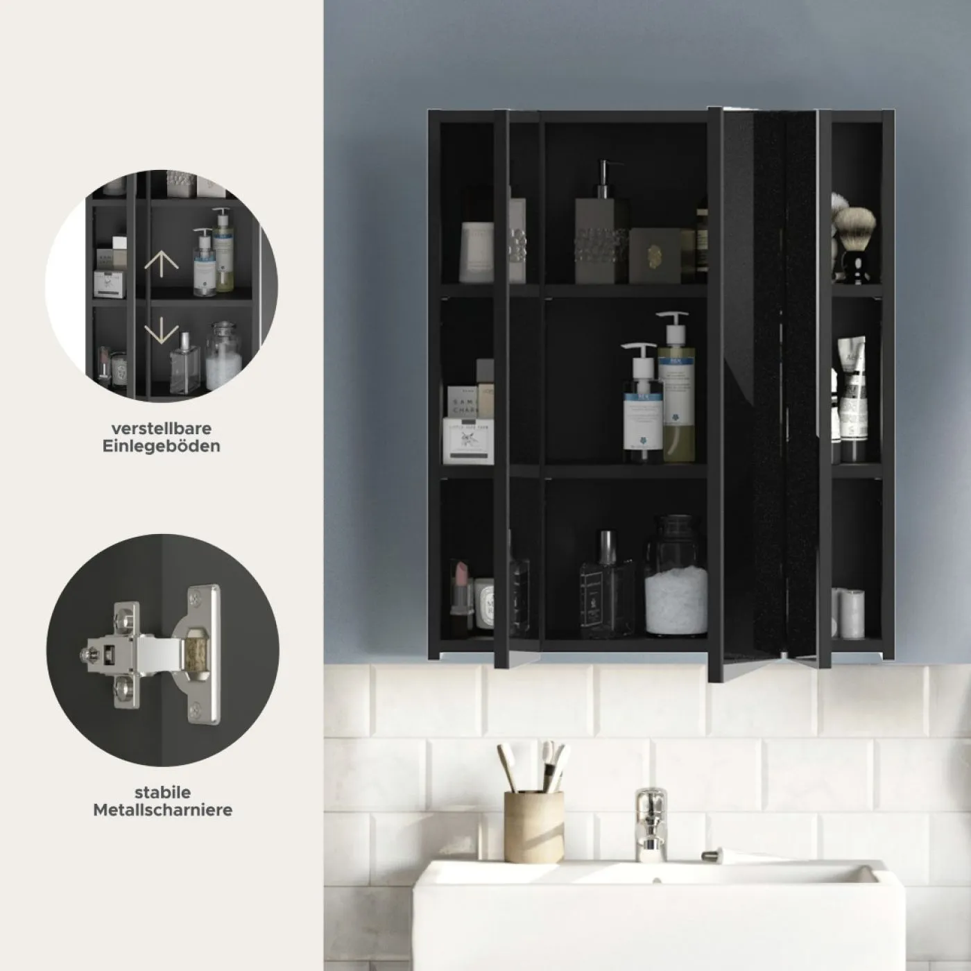 Spiegelschrank Linus | schwarz Hochglanz | LED Beleuchtung ohne Beleuchtung