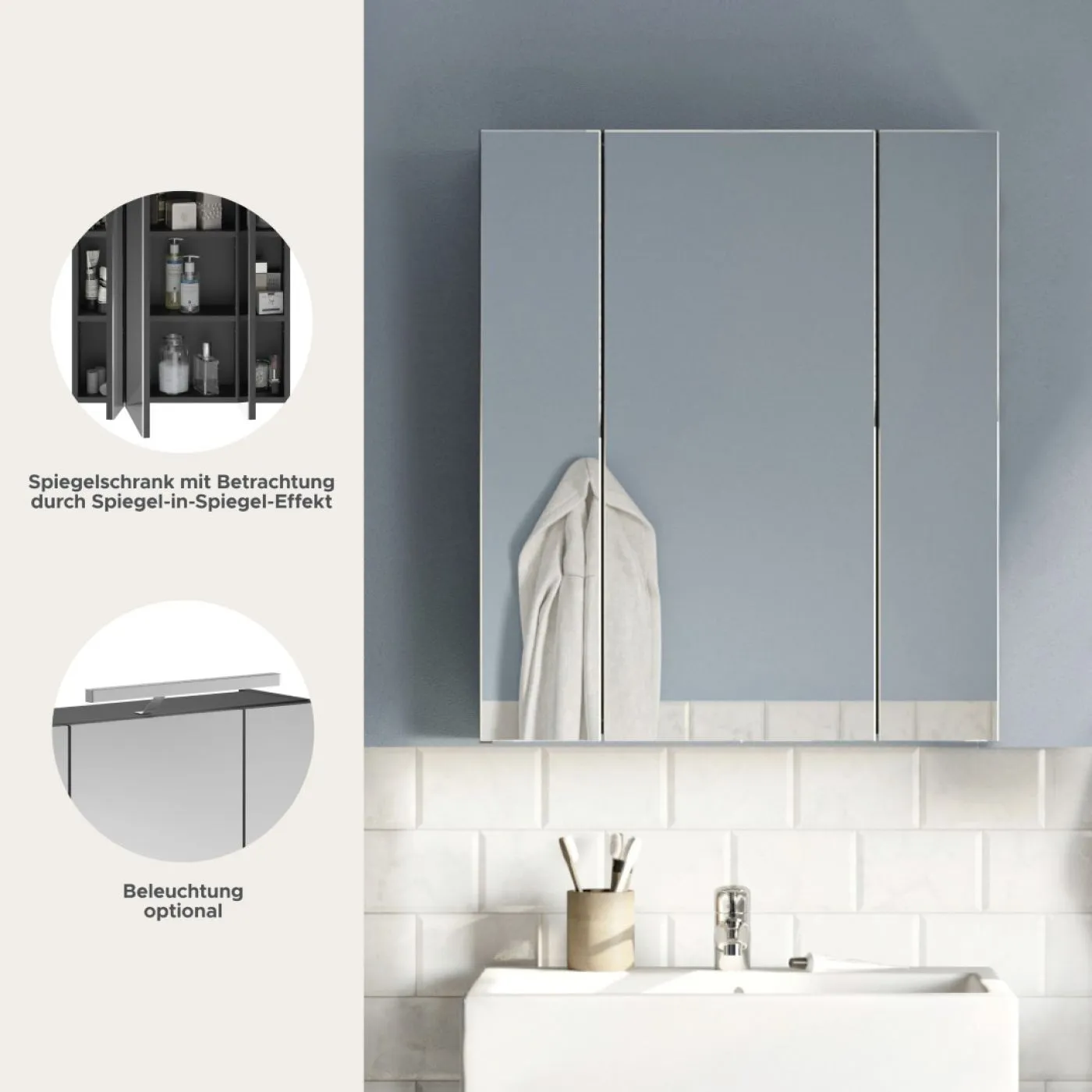 Spiegelschrank Linus | schwarz Hochglanz | LED Beleuchtung ohne Beleuchtung