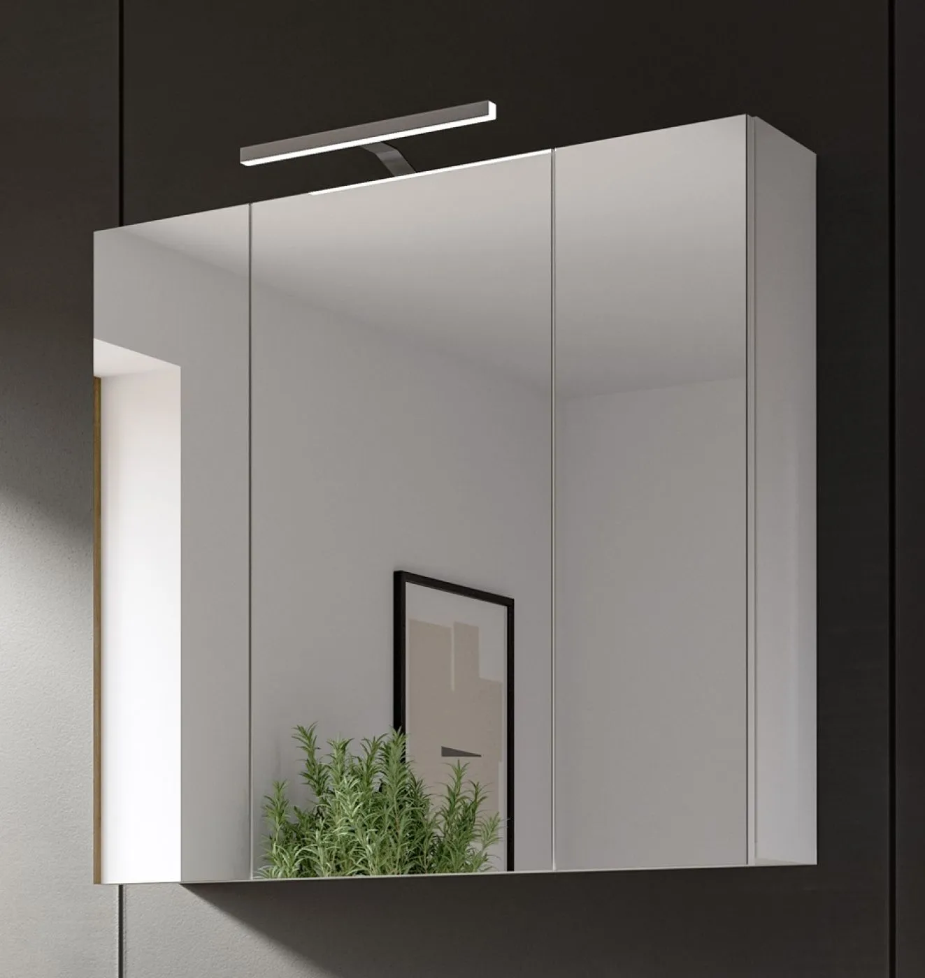 Spiegelschrank Vira, Spiegelschrank mit 3 Türen und LED-Beleuchtung oben – Ansicht 2