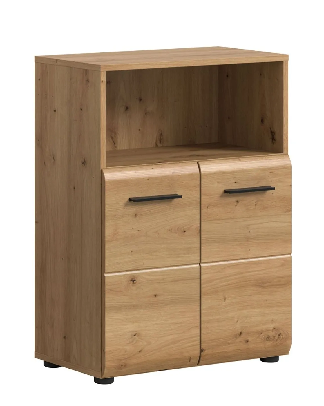 Standschrank breit Ice, Artisan Eiche Dekor, im Bad, offenes Fach oben, 4 Schubkästen, schwarze Griffleisten – Ansicht 2