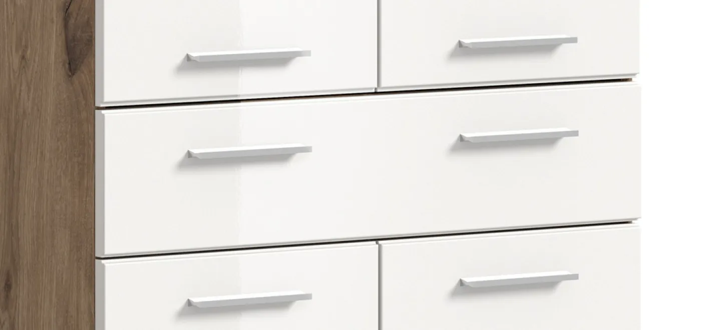 Standschrank breit Wave | weiß Hochglanz / Nox Oak